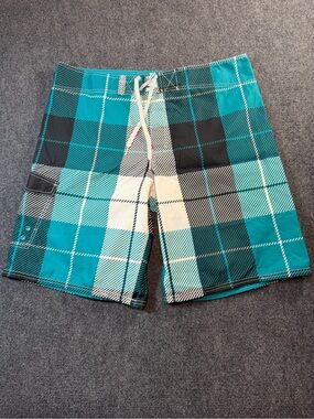 Mossimo Supply Co. Men's 38 Plaid Swim Trunks Board Shorts Turquoise Black White